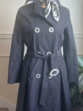 George Simonton Black and White Polka Dot Long Sleeve Trench Coat.